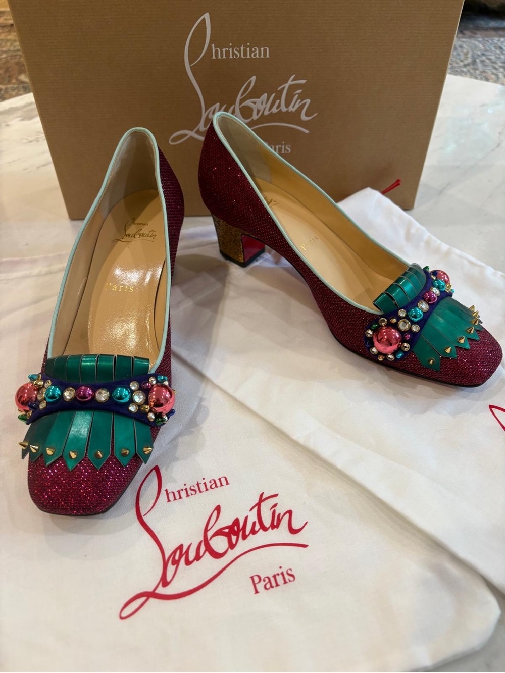 Christian Louboutin Red Glitter Pumps with Teal and Multicolor Embellishment - Picture 1 of 7